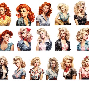 1950s Rockabilly Woman, Vintage Retro Rockabilly, Digital Pintables, Bundle Watercolor Clipart PNG, Commercial Use, Instant Download image 4
