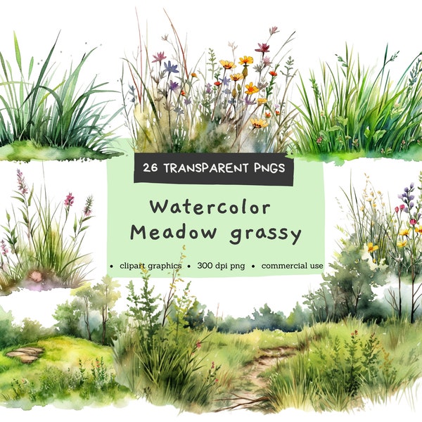 Watercolor Grass Clipart, Meadow, Summer Greenery, Digital Pintables, Bundle Watercolor Clipart PNG, Commercial Use, Instant Download