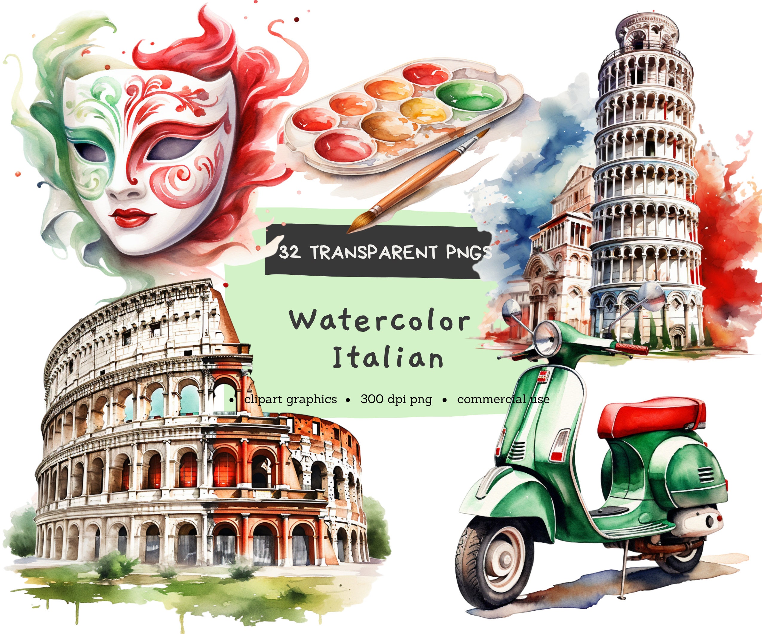 Italy Clipart, Italian Landmarks, Travel Vacation Holiday, Digital Pintable, Bundle Watercolor Clipart PNG, Commercial Use, Instant Download