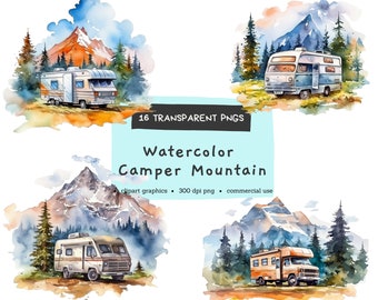 Watercolor Camper Van & Mountain Clipart, boho Campervan, Digital Pintables, Bundle Watercolor Clipart PNG, Commercial Use, Instant Download