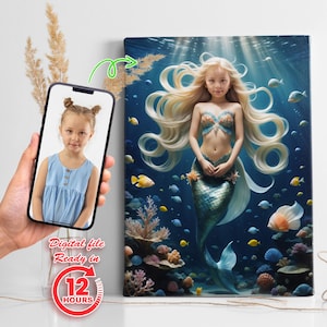 Retrato personalizado con foto, póster de sirena, regalo para niños, lienzo, decoración de pared