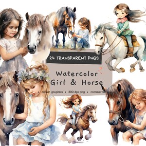 Chica y caballo Clipart, Chica linda, Chica montando a caballo, Pintables digitales, Paquete acuarela Clipart PNG, Uso comercial, Descarga instantánea