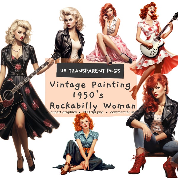 1950er Jahre Rockabilly Frau, Vintage Retro Rockabilly, digitale Pintables, Bundle Aquarell Clipart PNG, kommerzielle Nutzung, Instant Download