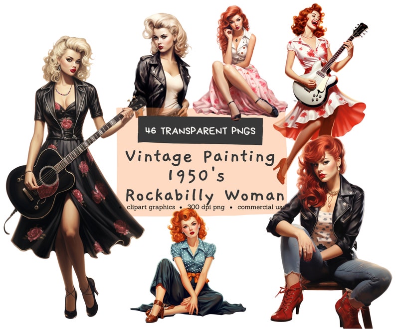 1950s Rockabilly Woman, Vintage Retro Rockabilly, Digital Pintables, Bundle Watercolor Clipart PNG, Commercial Use, Instant Download image 1