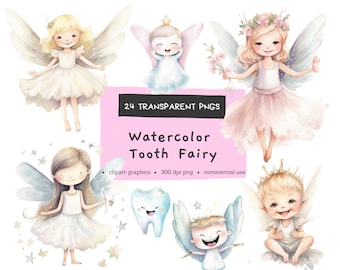 Cute Tooth Fairy Clipart, Little Fairy Characters, Nursery, Kids, Wings, Watercolor Clipart PNG, Commercial Use, Instant Download