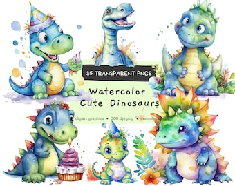 Dinosaur Clipart, Cute Dinos Reading, Birthday, Party Clipart, Watercolor Clipart PNG, Commercial Use, Instant Download