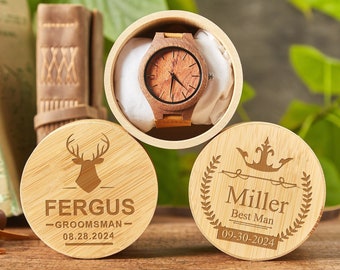 Montre de garçon d'honneur, montre en bois personnalisée, montre personnalisée avec boîte en bois, meilleure montre pour homme, boîte pour montre, cadeau pour lui, cadeaux huissier, cadeau de garçon d'honneur