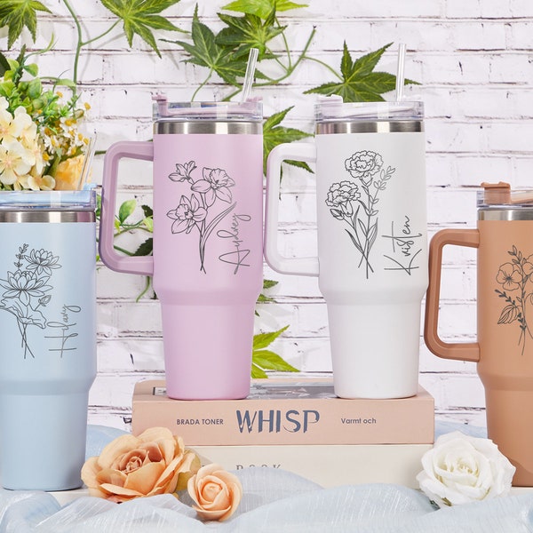 Personalized 40oz Tumbler With Handle, Engraved Tumbler With Straw, Custom Birth Flower Tumbler,Mother’s Day Gift From Daughter,Gift For Her