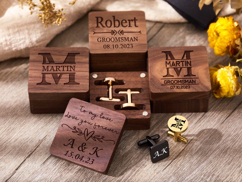 Personalisierte Manschettenknöpfe & Krawattenklammer Set Groomsmen Geschenk Gravur Manschettenknöpfe Trauzeuge Geschenk Box Jubiläumsgeschenk für Ehemann Bild 1