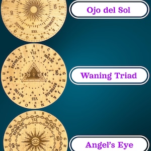 May include: Three wooden planchette boards with engraved designs and text. The boards feature sun, triangle, and eye symbols, with the phrases "Ojo del Sol", "Waning Triad", and "Angel's Eye" displayed. Each board has letters, numbers, and the words "Yes", "Maybe", and "No".