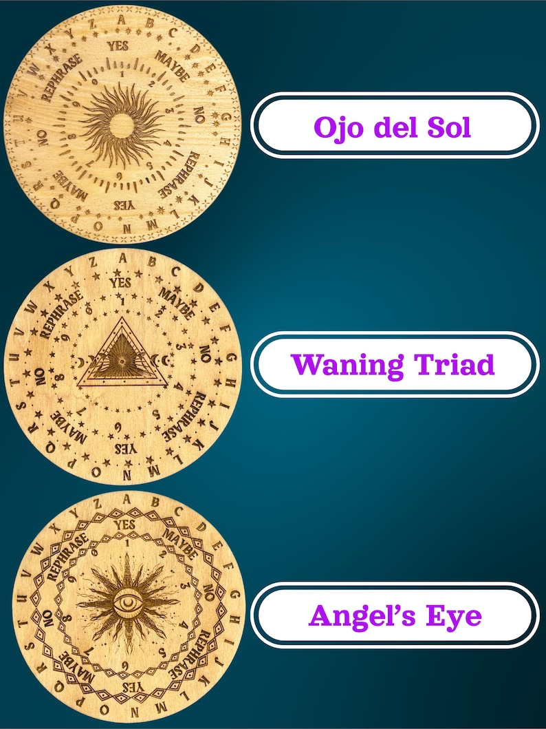 May include: Three wooden planchette boards with engraved designs and text. The boards feature sun, triangle, and eye symbols, with the phrases "Ojo del Sol", "Waning Triad", and "Angel's Eye" displayed. Each board has letters, numbers, and the words "Yes", "Maybe", and "No".