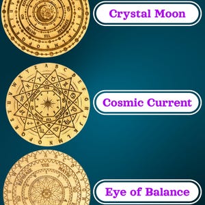 May include: Three wooden divination boards with intricate engraved designs. The boards feature celestial and geometric patterns, with text including "YES," "MAYBE," and "REPHRASE." Each board has a unique name: "Crystal Moon," "Cosmic Current," and "Eye of Balance."