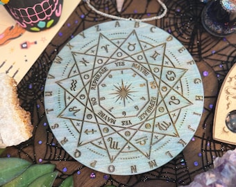 Engraved Wood Grain Pendulum Board with Crystal Pendulum – Divination, Dowsing & Wicca Altar Tool