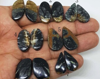 May include: Seven pairs of polished gemstones in various shapes, including oval and teardrop. The stones feature a mix of black, brown, and gray colors with unique veining patterns. Each pair is displayed on a light background.