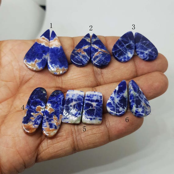 Natural Sodalite Cabochon Pair | Blue Gemstone Earrings Stone | Teardrop & Rectangle Shape Jewelry Making Supplies.