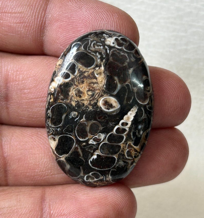 K&ouml;nnte beinhalten: Ein ovaler Cabochon in Schwarz und Wei&szlig; mit einem wirbelnden Muster aus Braun, Wei&szlig; und Schwarz. Der Stein hat ein einzigartiges und kompliziertes Design.
