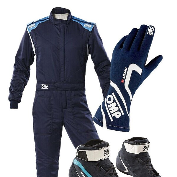 Traje OMP Blue Go Karting Race con zapatos y guantes gratis impresos digitalmente nivel 2