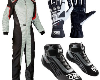 OMP Driver Set Suit Gloves Shoes Bundle for Go Karting and Rally Racing Grey