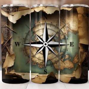 Vaso de navegación Vaso de brújula náutica Vaso de mapa vintage Diseño sin costuras Regalo Sublimación Vaso Diseño de envoltura Digital Flaco 20oz PNG