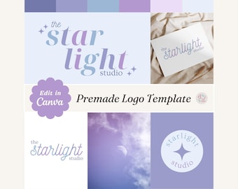 Diseño de logotipo retro pastel para boutique. Kit de marca divertido y brillante. Plantilla editable de Canva para salón de belleza, negocio artesanal y estudio fotográfico.