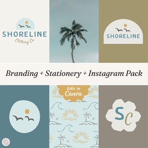 Pacote de marca para pequenas empresas Sun Beach Coastal Logo Instagram Pacote de agradecimento Cartão de visita Modelo Canva Logotipo colorido Boho retrô faça você mesmo