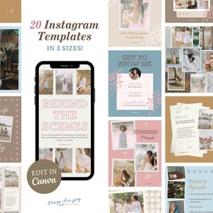 Peut inclure: Une collection de 20 modèles Instagram en trois tailles, présentant diverses mises en page avec des palettes de couleurs pastel, des illustrations florales et des cadres photo. Le texte inclut 20 Instagram Templates, Behind The Scenes et Edit In Canva.