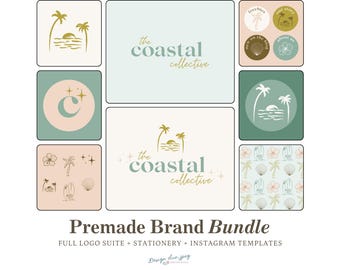 Semi Custom Boho Beach Personal Logo Designing DIY Retro Coastal Branding Kit Premade Editable Neutral Canva Instagram Social Media Template
