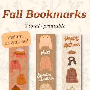Fall Bookmark For Her Autumn Pageholder Sweater Weather Printable October Halloween Aesthetic Booklover Digital Cozy Reader Bookish Leaf Tea