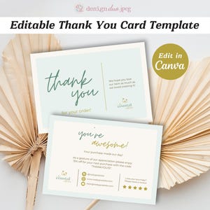 Modello preimpostato per biglietti di ringraziamento per piccole imprese con tema costiero blu, modello Canva, cancelleria modificabile, design retrò boho, divertente, inserto per il pacco postale del cliente