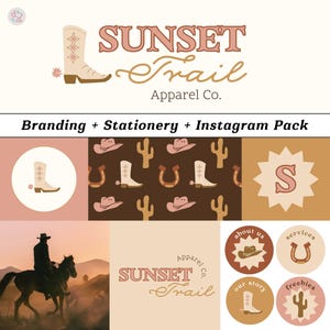 Semi Custom Western Branding Kit Retro Pink Vintage Logo Editable Thank You Business Card Instagram Bundle Canva Template Boho Cowgirl Logo