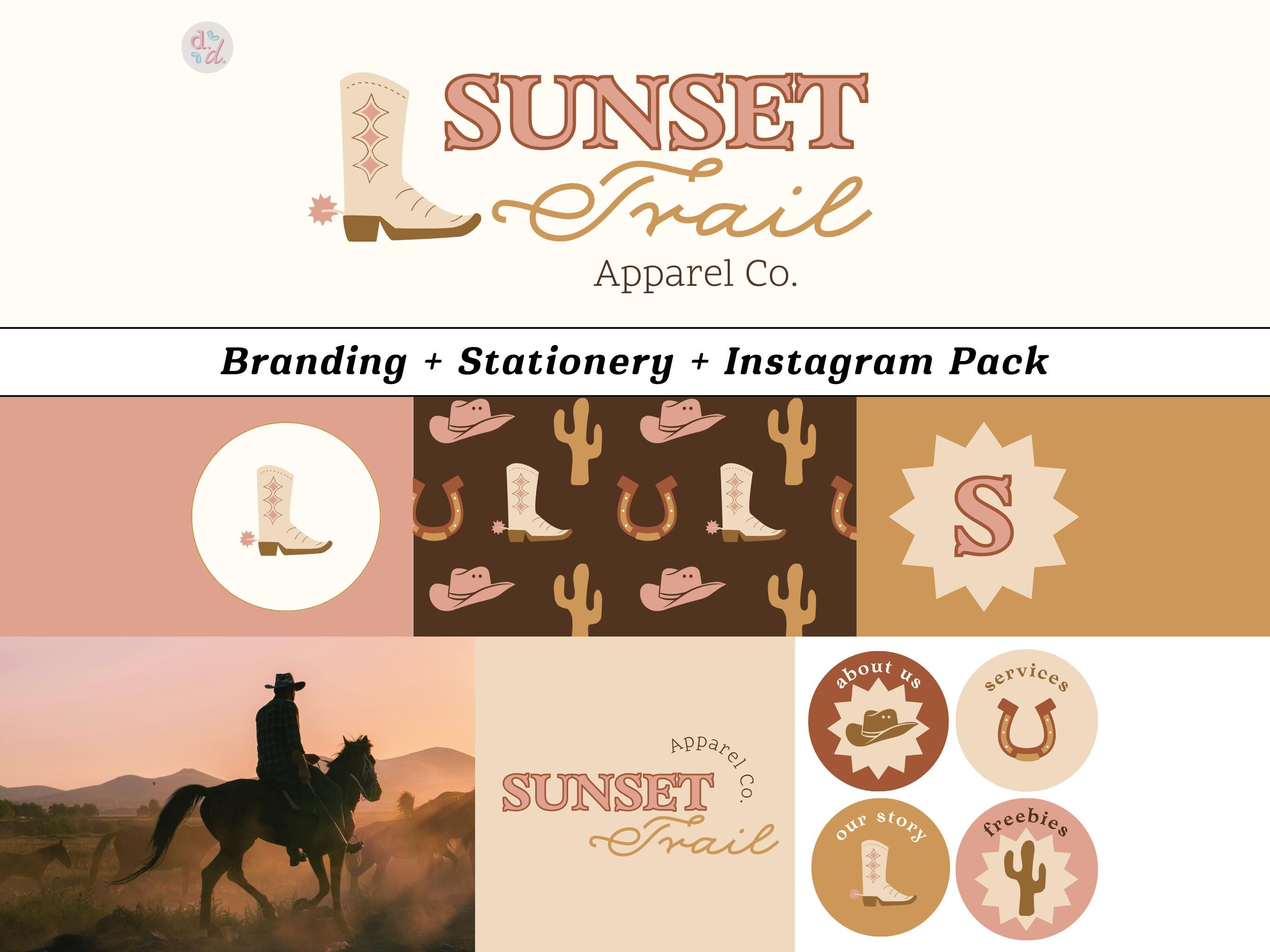 Small Business Brand Package Retro Pink Western Logo Kit Editable Thank You Business Card Instagram Bundle Canva Template Boho Cowgirl Logo