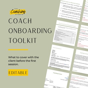 Può includere: Uno sfondo verde con un titolo giallo e nero "COACH ONBOARDING TOOLKIT" e il testo "What to cover with the client before the first session. EDITABLE". L'immagine mostra anche diversi documenti con titoli come "Pre-Coaching Questionnaire", "Coaching Contract", "Coaching Invoice" e "Example Coaching Agreement".