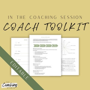 May include: A printable coaching toolkit with the text "COACH TOOLKIT" in a green and white font. The toolkit includes a GROW model worksheet and a wheel of life diagram. The text "EDITABLE" is written diagonally in a green font.