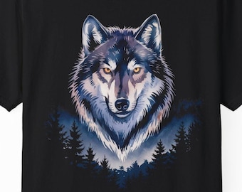 May include: Black t-shirt with a graphic of a wolf's head in a blue and purple watercolor style, surrounded by a silhouette of trees.