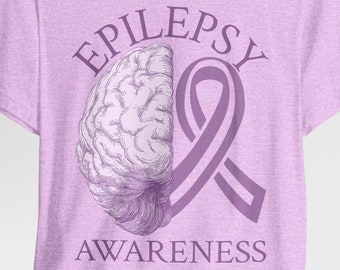 Maglietta per la consapevolezza dell'epilessia con illustrazione del cervello e nastro viola / Maglietta per il supporto alla consapevolezza dell'epilessia
