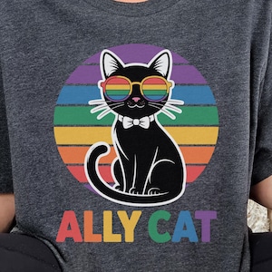 Rainbow Cat LGBTQ+ Ally Unisex Tee, Pride Shirt, Rainbow Cat T-Shirt, LGBTQ+ Supporter Top, Rainbow Kitty Design, LGBTQ+ Pride Shirt