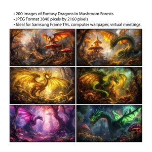 May include: A set of four digital illustrations featuring fantasy dragons in a mushroom forest setting. The dragons are depicted in various colours, including green, gold, and purple, and are surrounded by lush foliage and vibrant mushrooms.