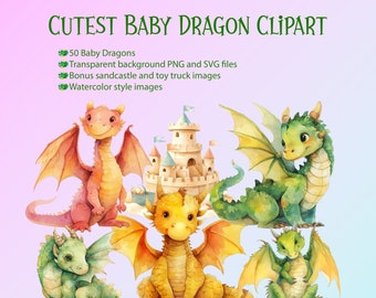 Bundle of 50 Cute Baby Dragon Clipart Images. Transparent background PNG and SVG files. High quality and resolution clip art.