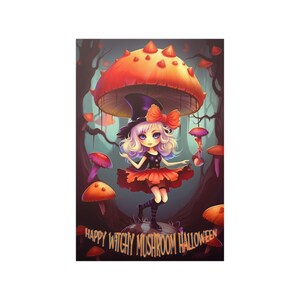 Könnte beinhalten: Eine Cartoon-Hexe mit blonden Haaren und einem schwarzen Kleid steht auf einem Pilz unter einem großen orangefarbenen Pilz mit weißen Flecken. Der Text "Happy Witchy Mushroom Halloween" ist in orangefarbenen Buchstaben am unteren Rand des Bildes geschrieben.