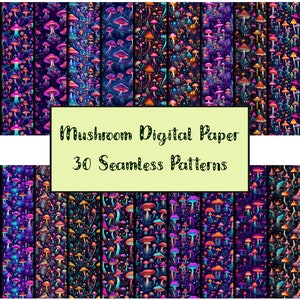 Papel digital Fantasy Mushroom - um pacote de 30 padrões contínuos com cogumelos coloridos de fantasia em um fundo escuro