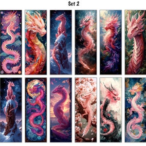 May include: Set of 18 digital illustrations featuring pink and purple dragons in various poses and settings. The dragons are depicted with intricate details and vibrant colors.
