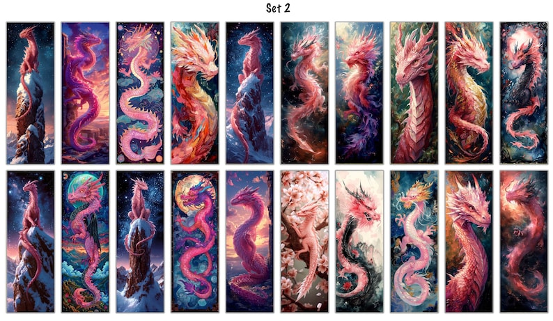 May include: Set of 18 digital illustrations featuring pink and purple dragons in various poses and settings. The dragons are depicted with intricate details and vibrant colors.