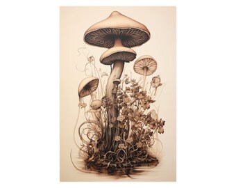 Könnte beinhalten: Eine detaillierte Illustration einer Gruppe von Pilzen, die in einem Cluster wachsen. Die Pilze sind in Braun- und Beigetönen dargestellt, mit aufwendigen Details auf ihren Hüten und Stielen. Die Pilze sind von einer Vielzahl von Blättern umgeben, darunter Blätter und Ranken, die ein Gefühl von natürlicher Schönheit erzeugen.
