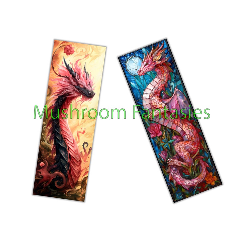 May include: Two bookmark designs featuring pink dragons with intricate details. The first bookmark has a pink dragon with black accents against a yellow and orange background. The second bookmark has a pink dragon with blue and green accents against a blue and green background.