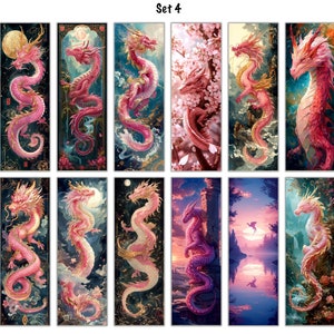 May include: Set of 18 digital illustrations featuring pink dragons in various poses and settings. The dragons are depicted with intricate details and vibrant colors, including gold accents. The backgrounds include cherry blossoms, clouds, and celestial bodies.