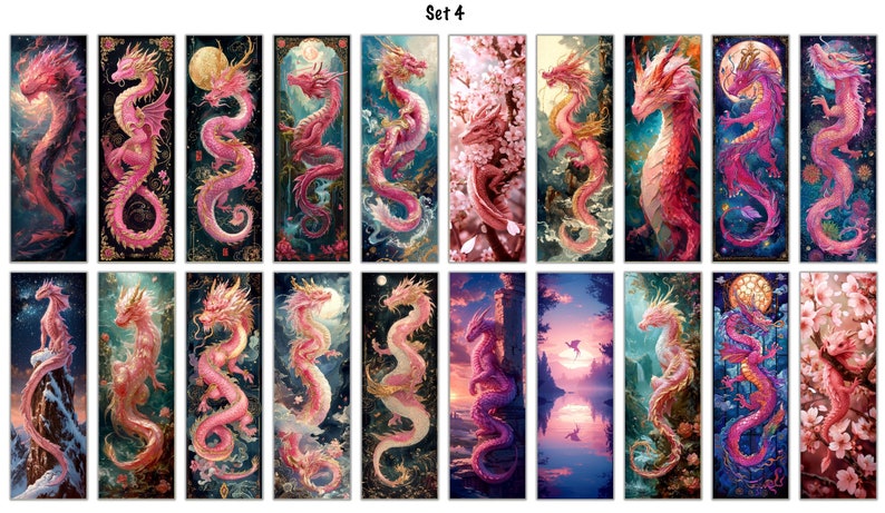 May include: Set of 18 digital illustrations featuring pink dragons in various poses and settings. The dragons are depicted with intricate details and vibrant colors, including gold accents. The backgrounds include cherry blossoms, clouds, and celestial bodies.