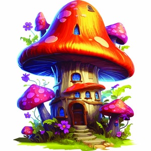 Cartoon style fantasy mushroom images with transparent background - 24 images in vector and raster formats