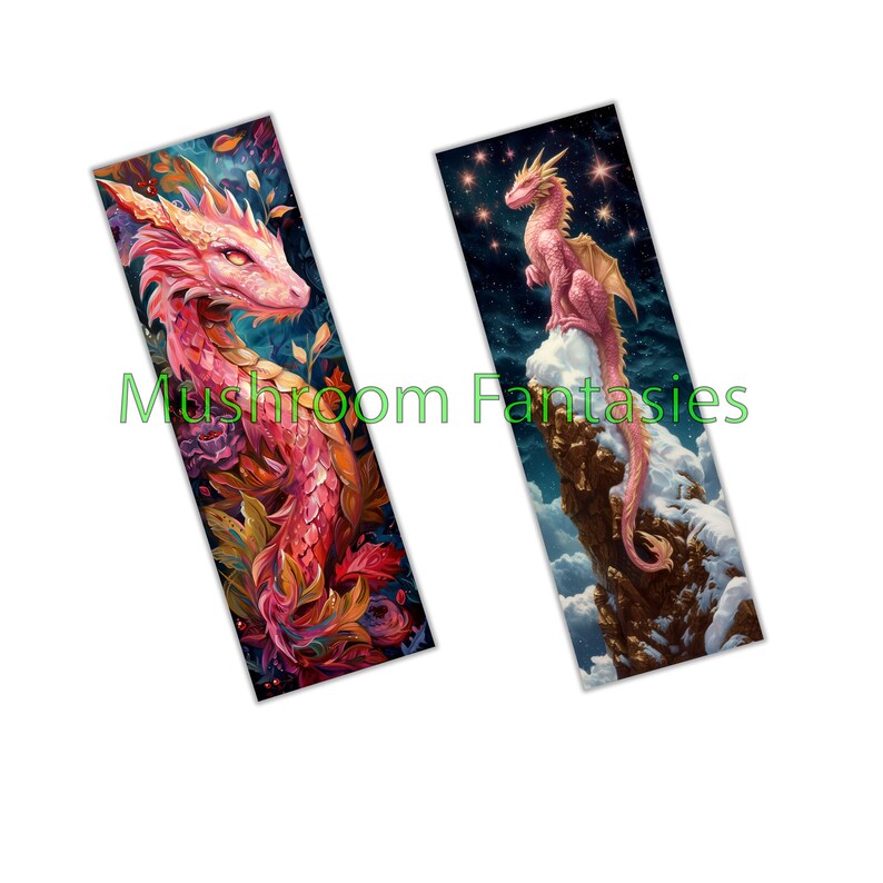 May include: Two bookmark designs featuring pink dragons. One dragon is surrounded by colorful foliage, while the other is perched on a snowy cliff against a starry night sky.