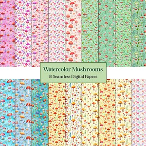 Papel digital de cogumelos aquarela - um pacote de 18 imagens de cogumelos em estilo aquarela com padrão uniforme
