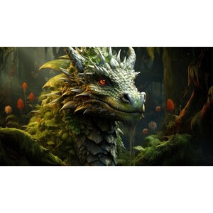 May include: A close-up of a green dragon's head with red eyes, surrounded by lush green foliage. The dragon has a scaly, textured skin and a long snout.